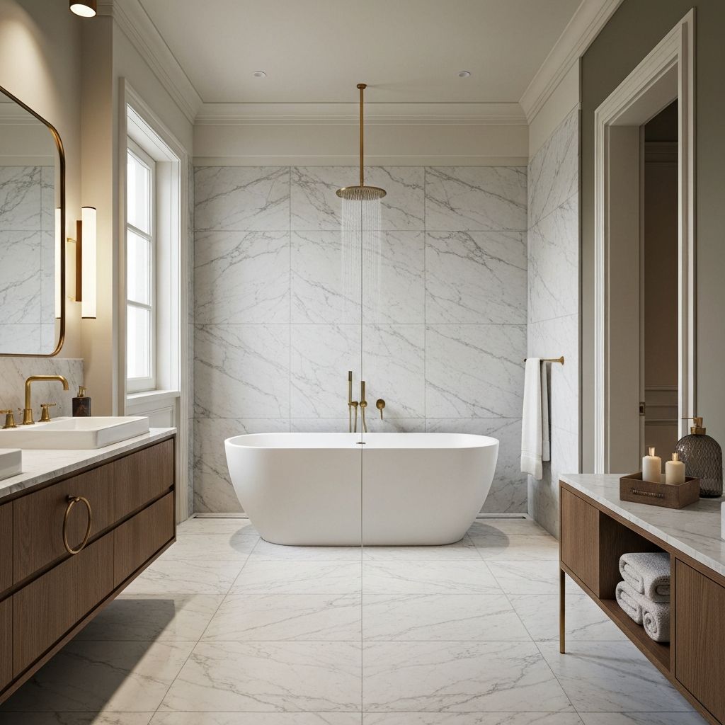 Baño de lujo estilo spa con tina independiente y azulejos de mármol