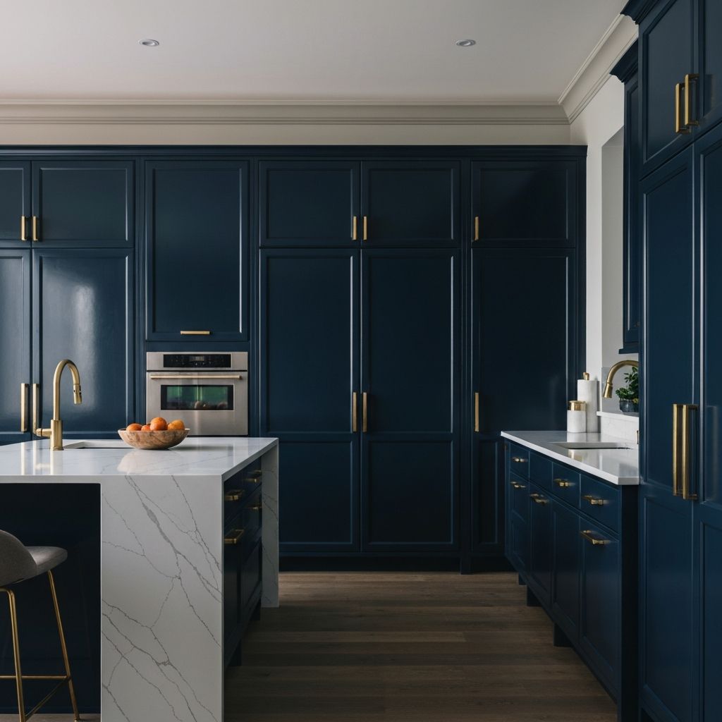 Cocina moderna con gabinetes azul navy y accesorios dorados